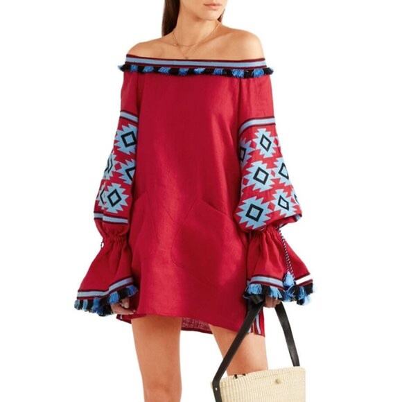 NWOT MARCH 11 Dress XS Tunic Aztec Embroidery Off Shoulder Long Sleeve Tassel - Picture 1 of 15